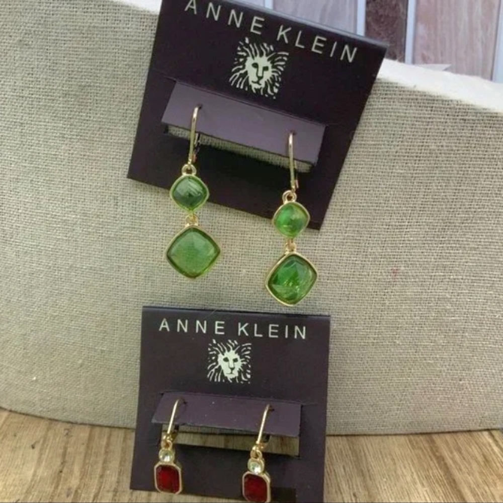 Anne Klein Earrings Set Green & Red Gold Tone Drop Dangle Bundle